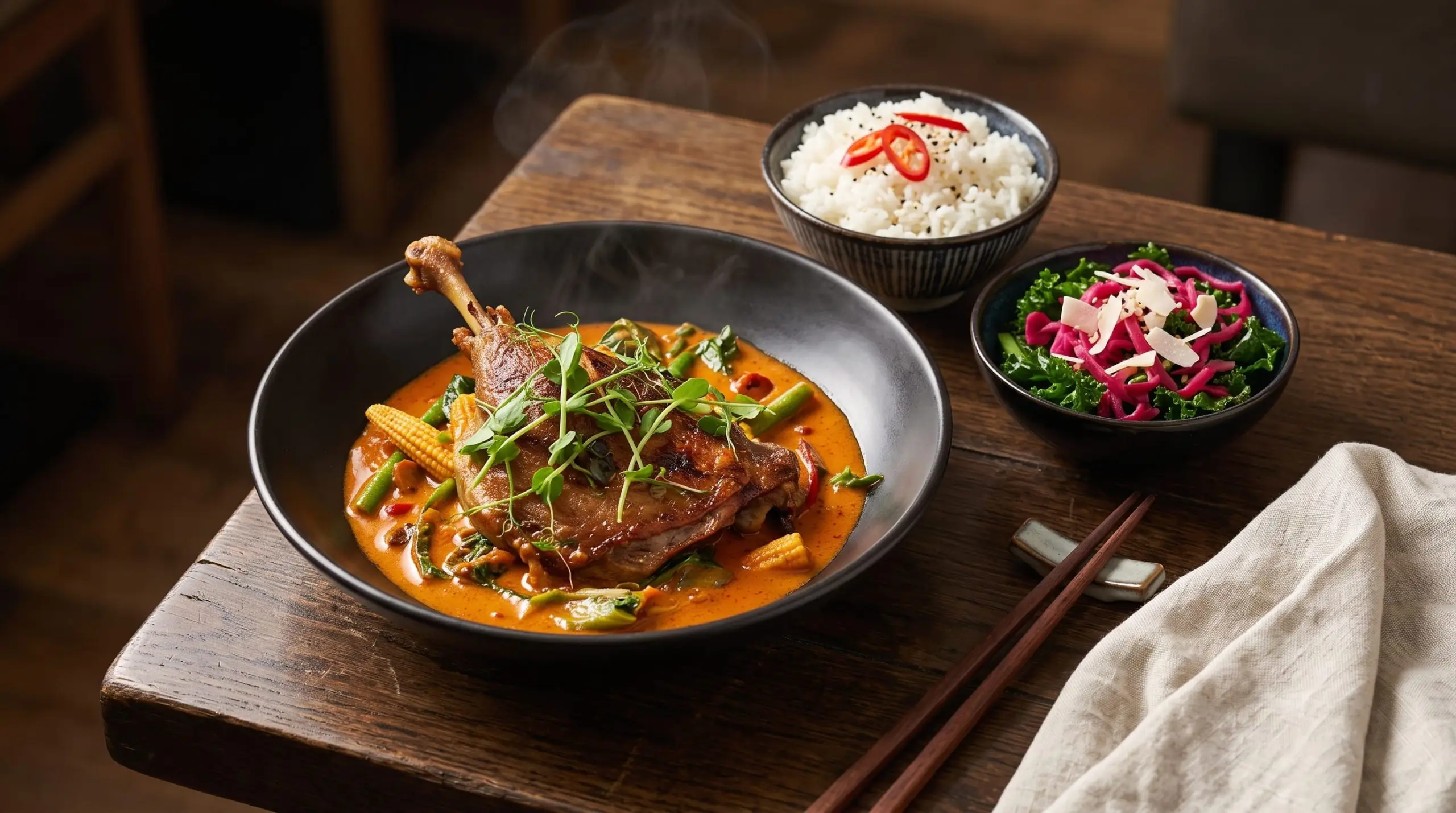 Wagamama Duck Akakare with duck leg in red curry sauce, jasmine rice and kale salad