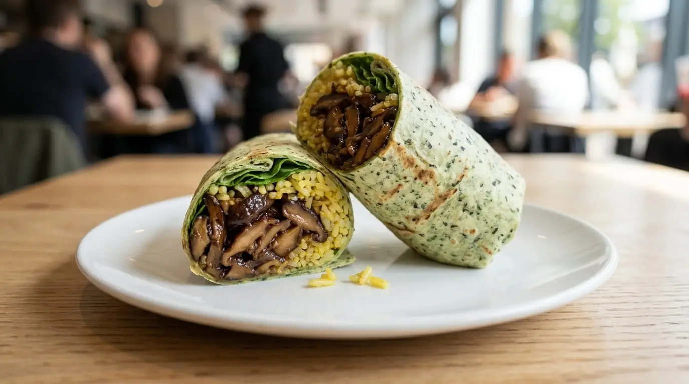 Wagamama Pulled Shiitake Street Wrap cut in half on a white plate