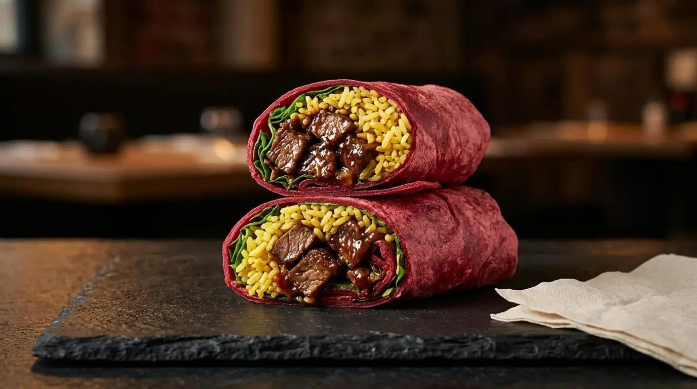 Wagamama Steak Street Wrap in a beetroot wrap, cut in half on a slate board