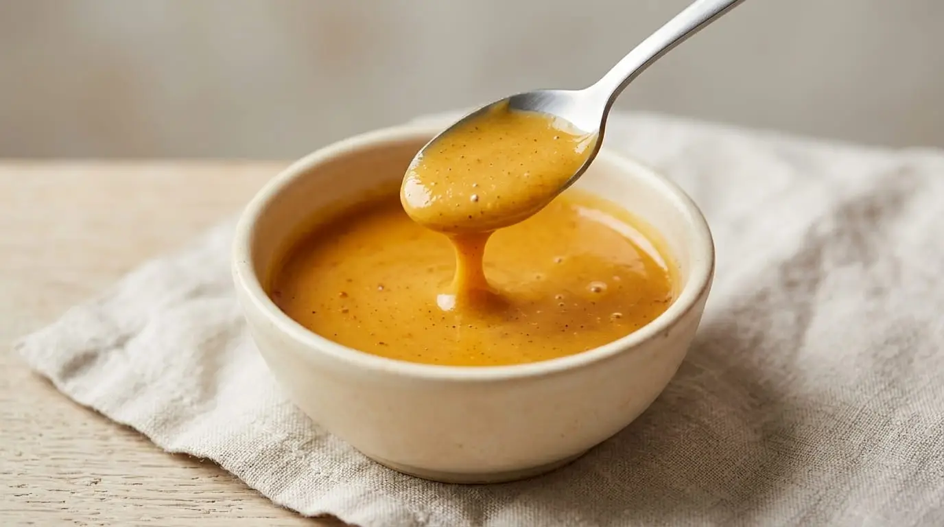 Small bowl of Wagamama Teriyaki Mayo with a spoon lifting creamy golden sauce